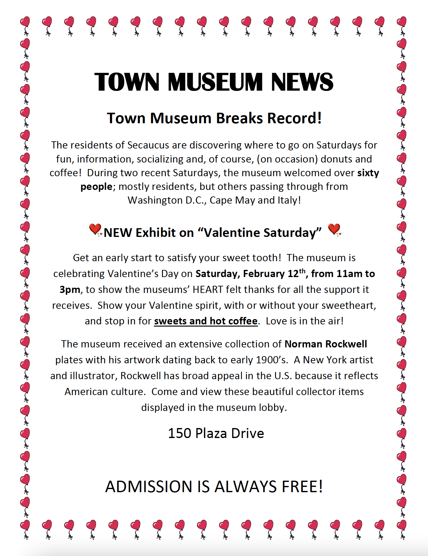 valentines day party at town museum flyer